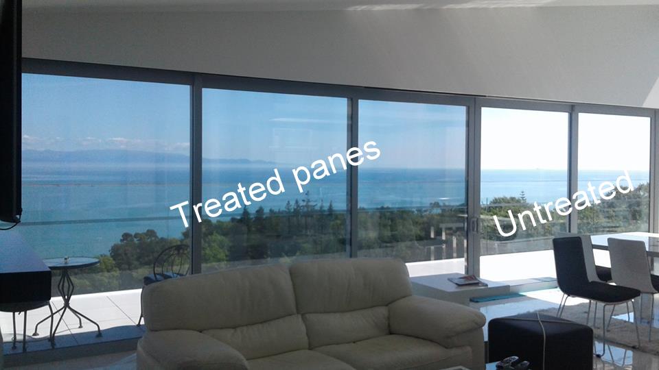 UV treated and untreated panes of glass